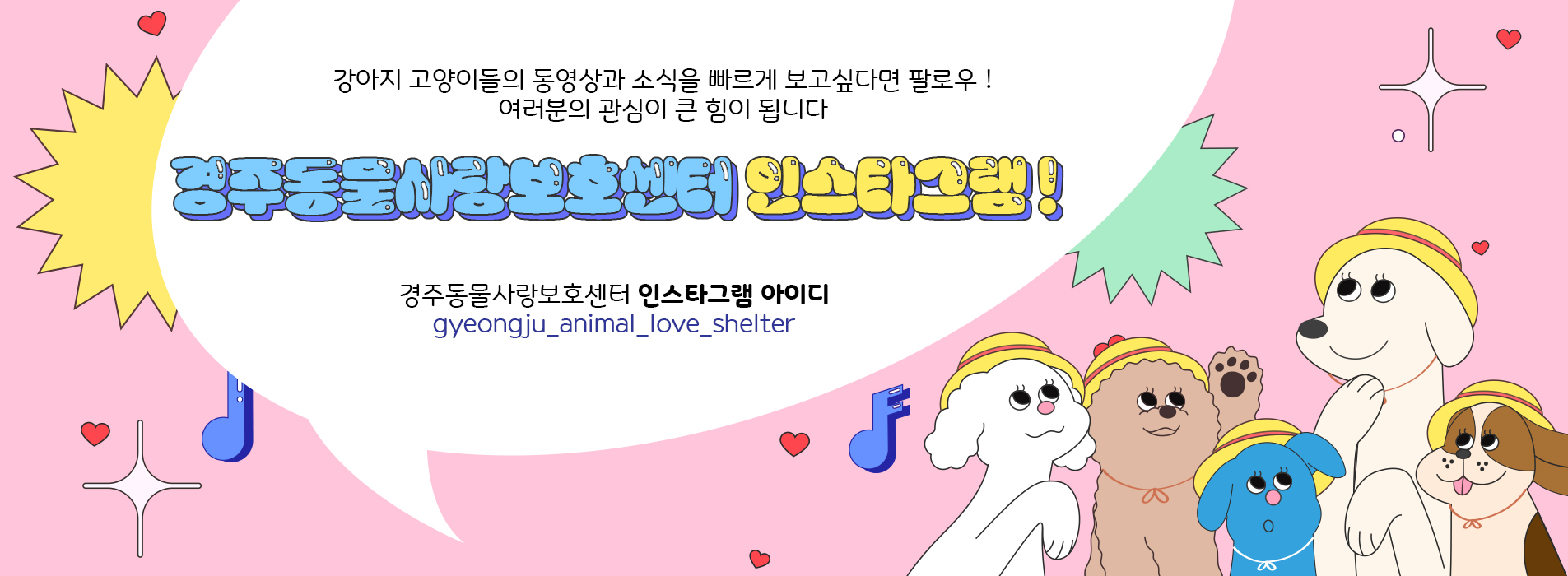 경주동물사랑보호센터 인스타그램 !
                  강아지 고양이들의 동영상과 소식을 빠르게 보고싶다면 팔로우 !
                  여러분의 관심이 큰 힘이 됩니다
                  
                  경주동물사랑보호센터 아이디
                  gyeongju_animal_love_shelter