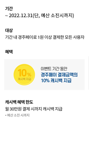 기간:~ 2022.12.31(단, 예산 소진시까지) 대상:기간 내 경주페이로 1월 이상 결제한 모든사용자,혜택:이벤트 기간동안 경주페이 결제금액의 10% 캐시백 지급, 캐시백 혜택한도:월30만원 결제 시까지 캐시백 지급 *예산 소진 시까지