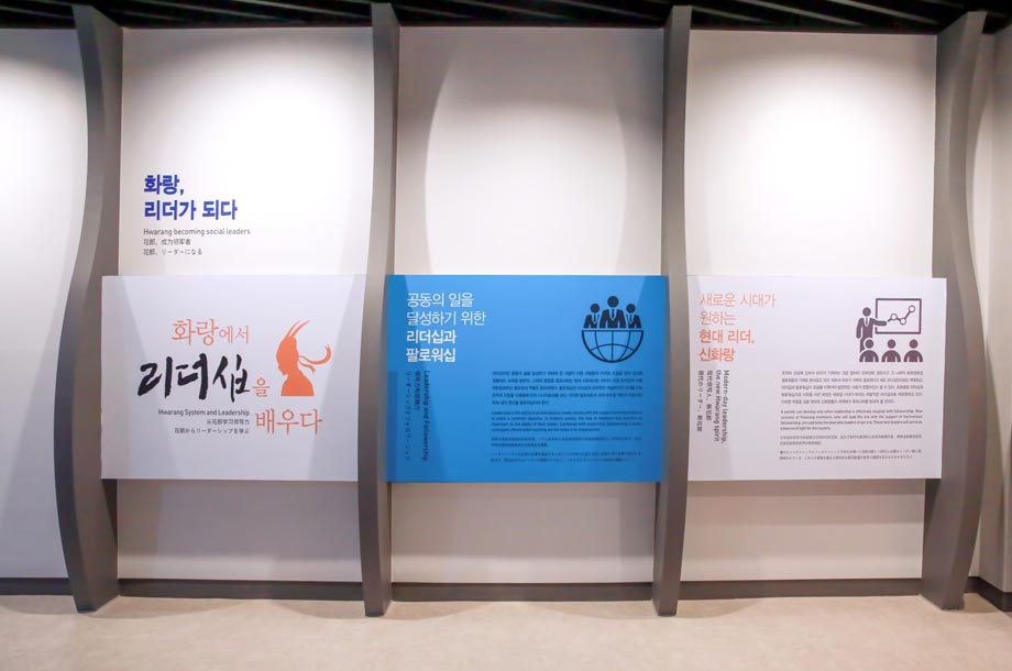 화랑, 리더가 되다 - 화랑에서 리더십을 배우다, 공동의 일을 달성하기 위한 리더십과 팔로워 십, 새로운 시대가 원하는 현대리더 신화랑 안내판 정면