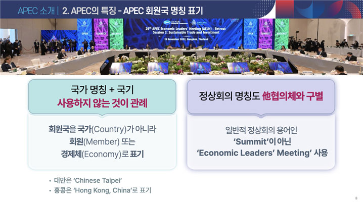 APEC소개 2.APEC의 특장-APEC 회원국 명칭 표기, 국가 명칭+국기 사용하지 않는 것이 관례 회원국을 국가가 아니라 회원 또는 경제체로 표기, 정상회의 명칭도 협의체와 구별 일반적 정상회의 용어인 Summmit이 아닌 Economic Leaders Metting 사용 대만은 Chinese Taipel 홍콩은 HongKong,China로 표기