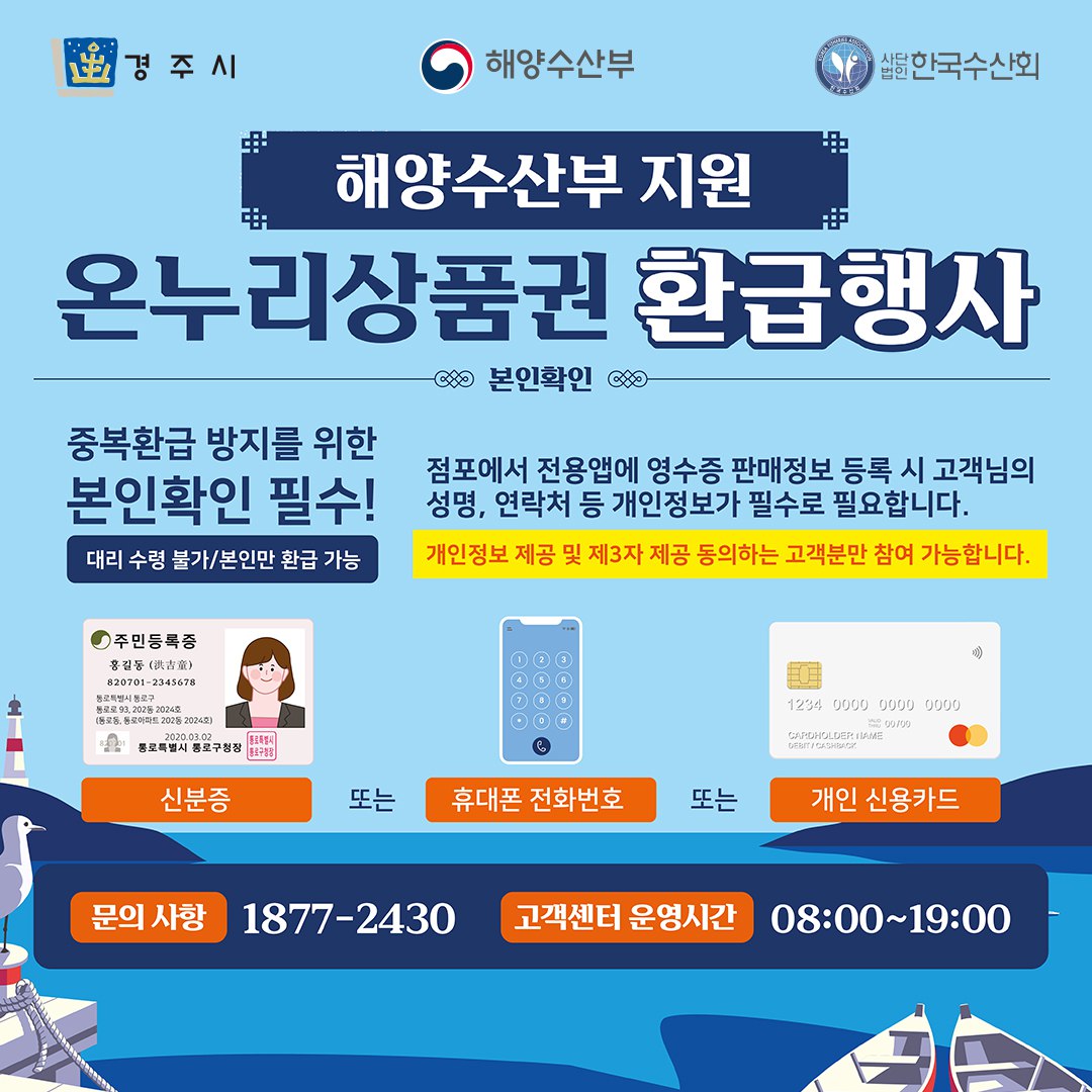 (경주시, 해양수산부, 사단법인 한국수산회) [해양수산부 지원 온누리상품권 환급행사] 본인확인 - 중복환급 방지를 위한 본인확인 필수! (대리 수령 불가/본인만 환급 가능) / 점포에서 전용앱에 영수증 판매정보 등록 시 고객님의 성명, 연락처 등 개인정보가 필수로 필요합니다. (개인정보 제공 및 제3자 제공 동의하는 고객분만 참여 가능합니다.) / 신분증 또는 휴대폰 전화번호 또는 개인 신용카드 / 문의 사항 : 1877-2430, 고객센터 운영시간 : 08:00 ~ 19:00