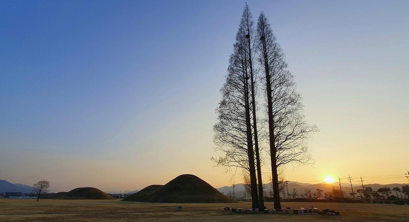 황남리 고분군 뒤로 해가 지고있다.