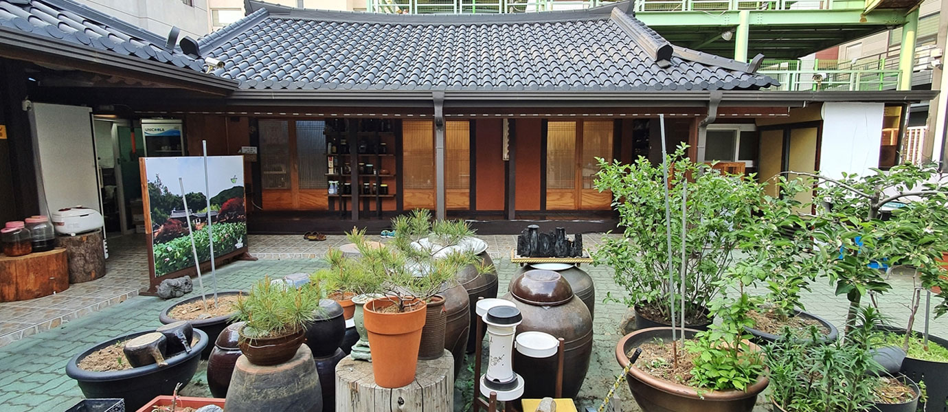 다담 마당에는 장독대와 화분들이 놓여있고 한옥으로 지어진 다담 전경이 보인다.