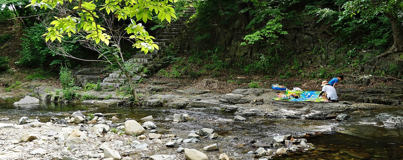 시원한 물줄기가 흐르는 계곡과 바위 위의 피서객