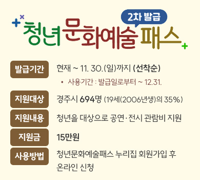 청년문화예술패스 2차 발급
발급기간
현재 ~ 11. 30.(일)까지 (선착순)
사용기간 : 발급일로부터 ~ 12.31.
지원대상
경주시 694명 (19세(2006년생)의 35%)
지원내용
청년을 대상으로 공연·전시 관람비 지원
지원금
15만원
사용방법
청년문화예술패스 누리집 회원가입 후
온라인 신청