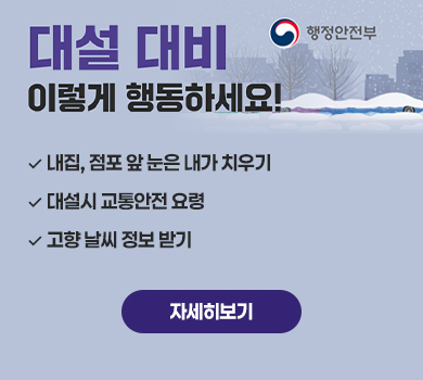 [행정안전부] 대설 대비 이렇게 행동하세요! - 내집, 점포 앞 눈은 내가 치우기 - 대설시 교통안전 요령 - 고향 날씨 정보 받기 (자세히보기)