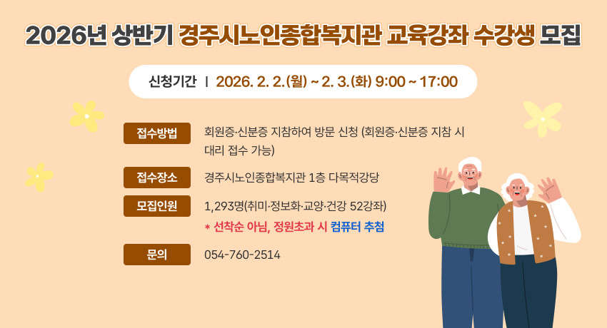 2026년 상반기 경주시노인종합복지관 교육강좌 수강생 모집
신청기간
2026. 2. 2.(월) ~ 2. 3.(화) 9:00 ~ 17:00
접수방법
회원증·신분증 지참하여 방문 신청 (회원증·신분증 지참 시
대리 접수 가능)
접수장소
경주시노인종합복지관 1층 다목적강당
모집인원
1,293명(취미·정보화·교양·건강 52강좌)
* 선착순 아님, 정원초과 시 컴퓨터 추첨
문의
054-760-2514